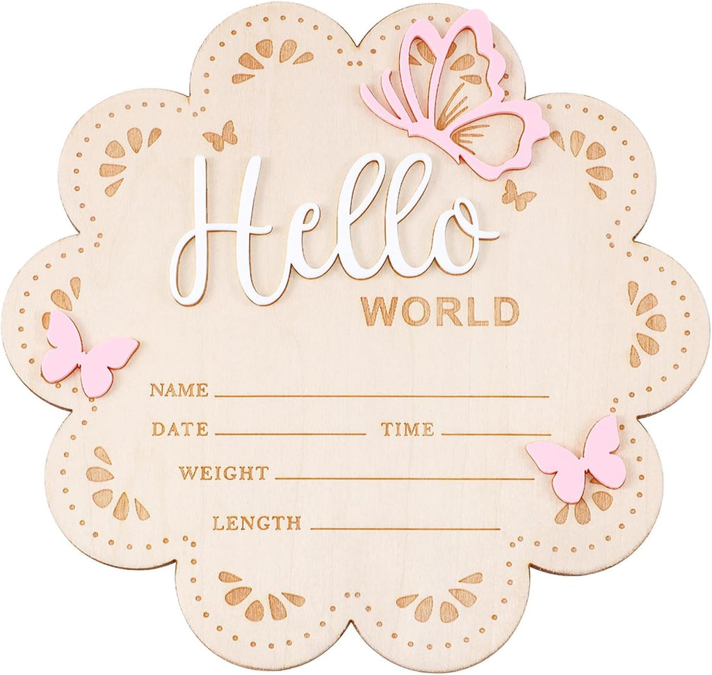 Nogeqi Hello World Newborn Sign, 6 Inch Pink Butterfly Baby Name Announcement Sign, Birth Announcement Signs, Wooden Baby Welcome Signs for Newborn Photo Props Babies Shower Hospital Nursery