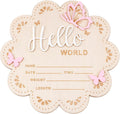Nogeqi Hello World Newborn Sign, 6 Inch Pink Butterfly Baby Name Announcement Sign, Birth Announcement Signs, Wooden Baby Welcome Signs for Newborn Photo Props Babies Shower Hospital Nursery