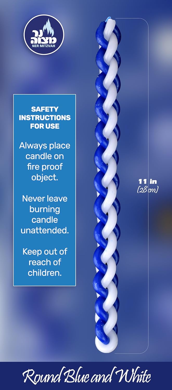 Ner Mitzvah Braided Havdalah Candle - 2-Pack - Round Blue and White Paraffin Wax - Handcrafted Havdallah Candle - Shabbat Judaica Gift