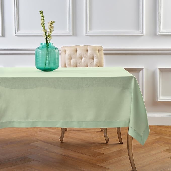 Solino Home Linen Tablecloth for Rectangle Tables 60 x 90 Inch - Classic Hemstitch 100% Pure Linen Light Green Table Cloth - Machine Washable Cloth Tablecloth