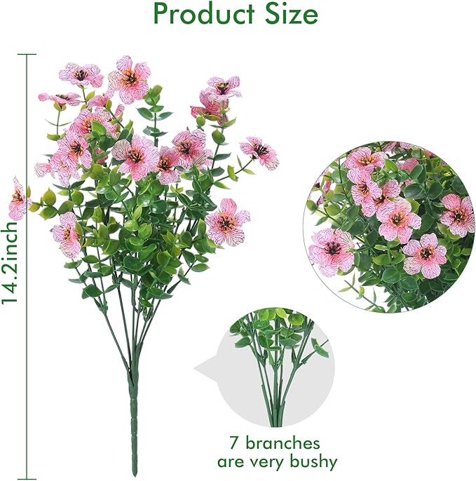 12 Bundles Artificial Flowers Outdoor UV Resistant Fake Plastic Plants Indoor Outside Hanging Plants Garden Porch Window Box Home Wedding Farmhouse Festive Shrub Decor (Pink)