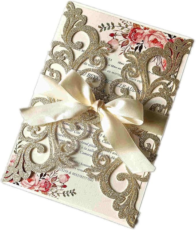 25PCS Champagne Gold Glitter Laser Cut Wedding Invitations Cards with Envelopes,Blank Inner Sheets,Ribbons for Wedding Bridal Shower Quinceañera Engagement Birthday Invites, champagne glitter
