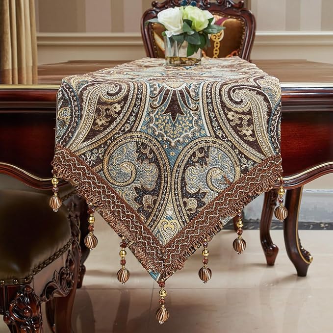 Luxury Vintage Design Table Runners 108 inches long Embroidery Jacquard Fabric with Multi-Tassels table runners for Dining Room Dresser Wedding holiday Party fireplace Decorations (Coffee, 12X108inch)