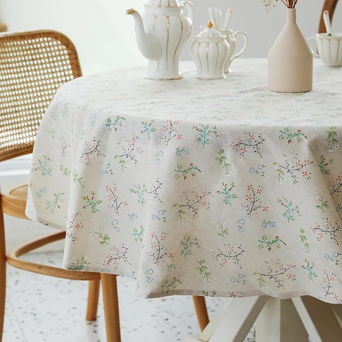 YiHomer Pastoral Round Tablecloth - 60 Inch Dia. - Beige Linen Table Cloth - Washable Table Cover with Dust-Proof Wrinkle Resistant for Restaurant, Picnic, Bistro, Indoor and Outdoor Dining, Gardenia