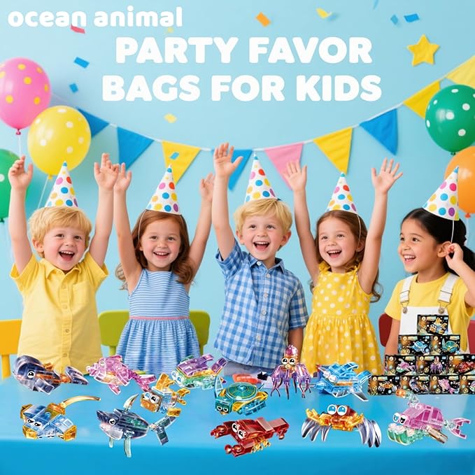 12 Pack Crystal Ocean Animal Party Favors for Kids 12 in 1 Mini Marine Animals Building Blocks Toys,Bulk Classroom Prizes Goodie Bag Fillers Christmas Easter Birthday Gift for Boys Girls Ages 6+