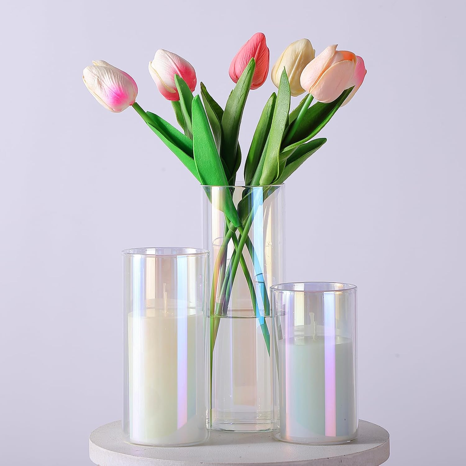 Shihanee Set of 6 Pillar Candles and Glass Cylinder Vases Clear Cylinder CandleHolders for Slim Tall Pillar Candles Wedding Centerpieces (2.8'' X 4.7", 5.9", 7.9",Iridescent)