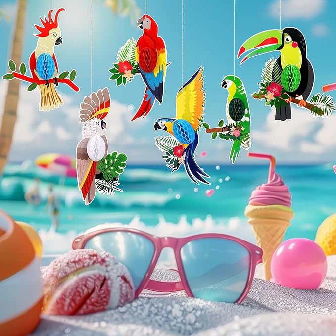 6 Pieces Tropical Birds Honeycomb Cutouts, Large Parrot Hanging Decor Parrot Honeycomb Paper Cutouts for Summer Luau Rainforest Tropical Party Decorations