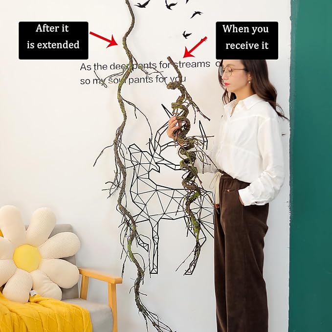180cm/70.86in Bendable Artificial Tree Branches Liana Vines Garland Rattan with Moss Fake Plants Twigs for Wall Hanging Home Room Outdoor Wedding Background Decoration