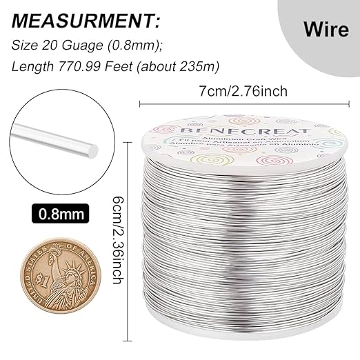 BENECREAT 20 Gauge 770FT Aluminum Wire Anodized Jewelry Craft Making Beading Floral Silver Color Aluminum Craft Wire for Flower Gardening, Gem Wrapping Jewelry Making