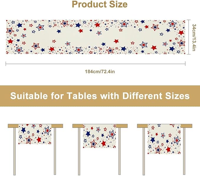 4th of July Table Runner, American Stars Patriotic Independence Day Table Runner for Indoor Outdoor Party Home Kitchen Dining Table Decor, Blue Red, 13x90inch