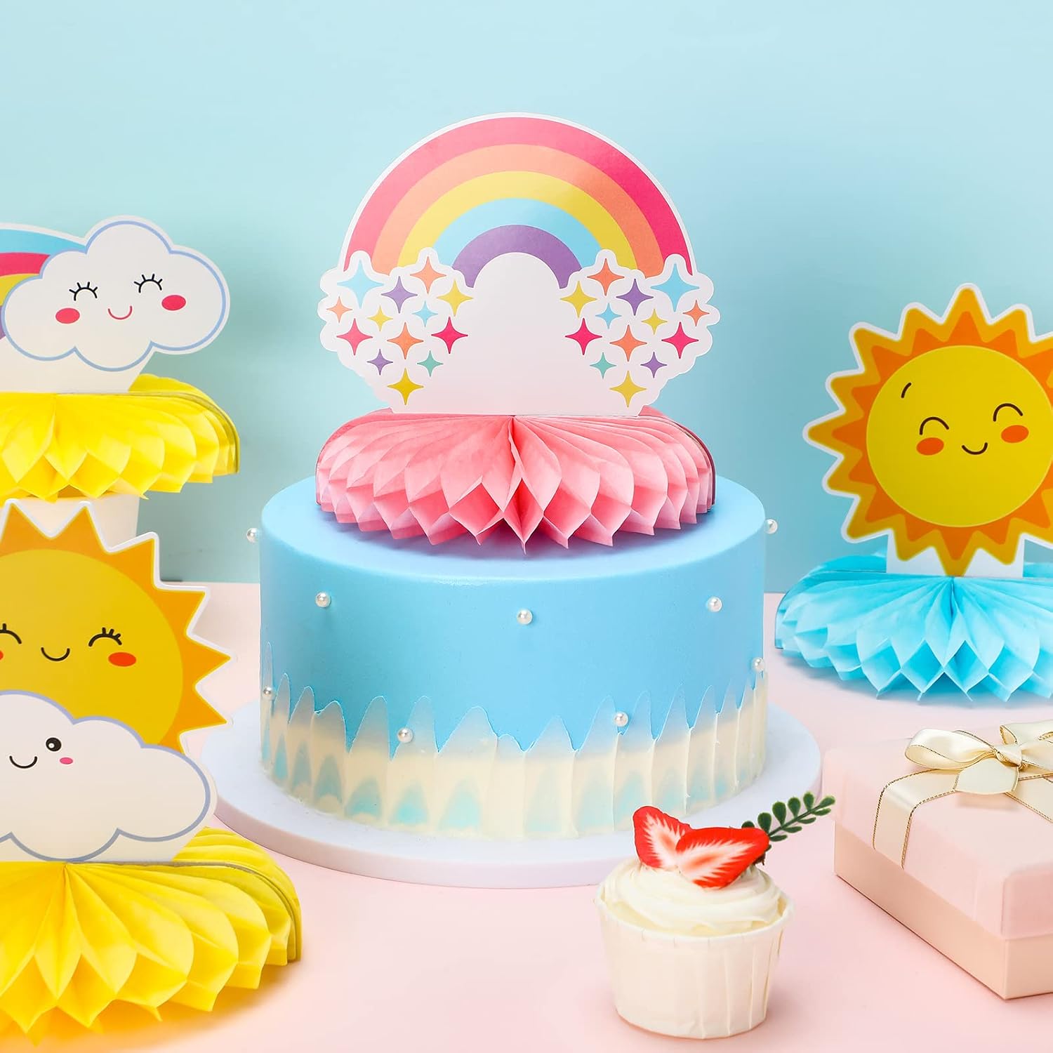 Ireer 9 Pieces Rainbow Party Decorations Honeycomb Rainbow Table Centerpieces Cute 3D Clouds Decorations for Birthday or Themed Party Favor Supplies