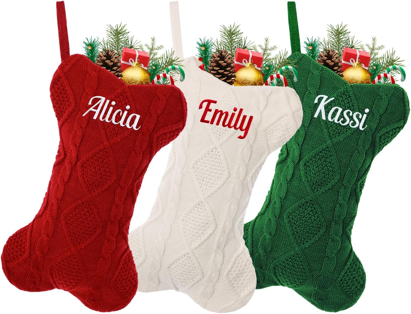 Personalized Dog Christmas Stocking, Custom Bone Shaped Knitted Christmas Stocking, Large Pet Hanging Christmas Stocking(1 Pack)