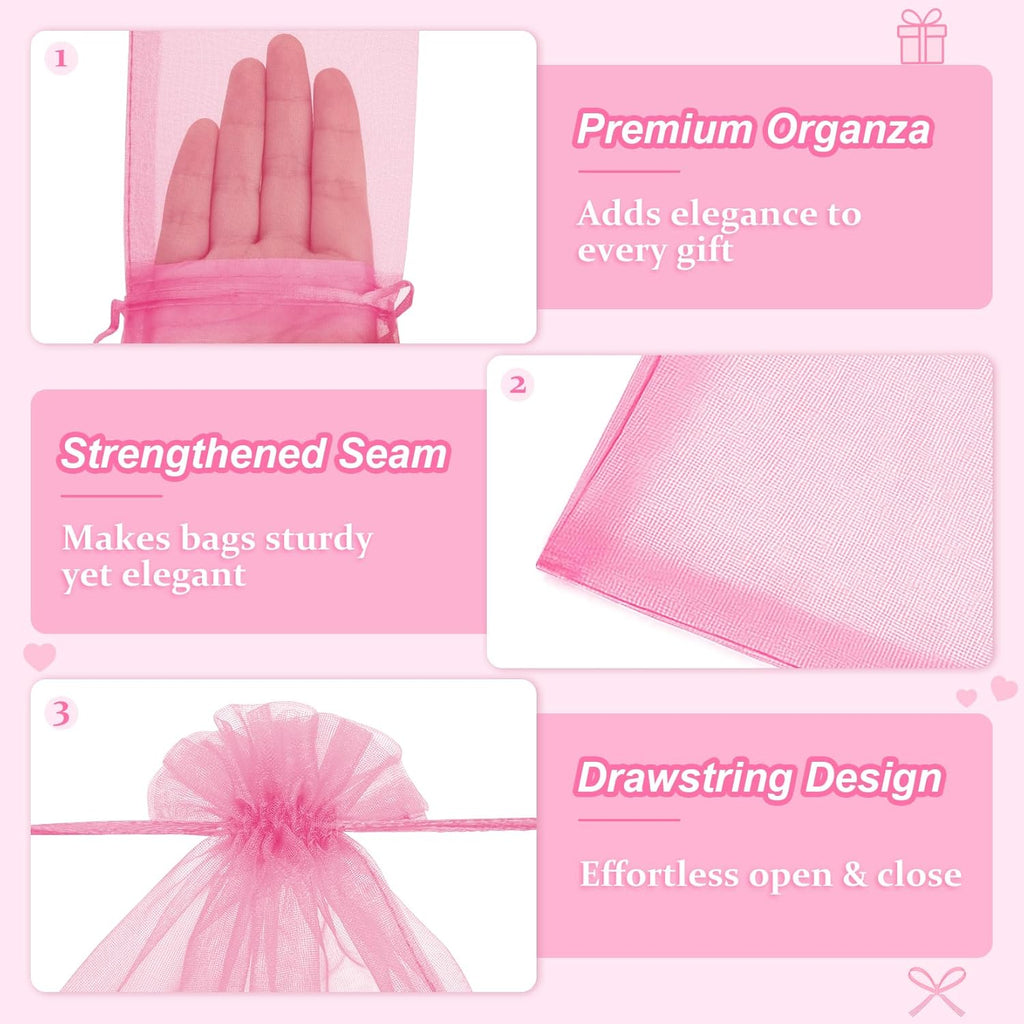 Crweety 50 Pcs Pink Organza Bags 3x4 In, Small Gift Bags Bulk for Jewelry Candy Soap Makeup Sachet, Cute Mini Mesh Goodie Bag Drawstring for Wedding Baby Shower Party Favors & Graduation Gifts