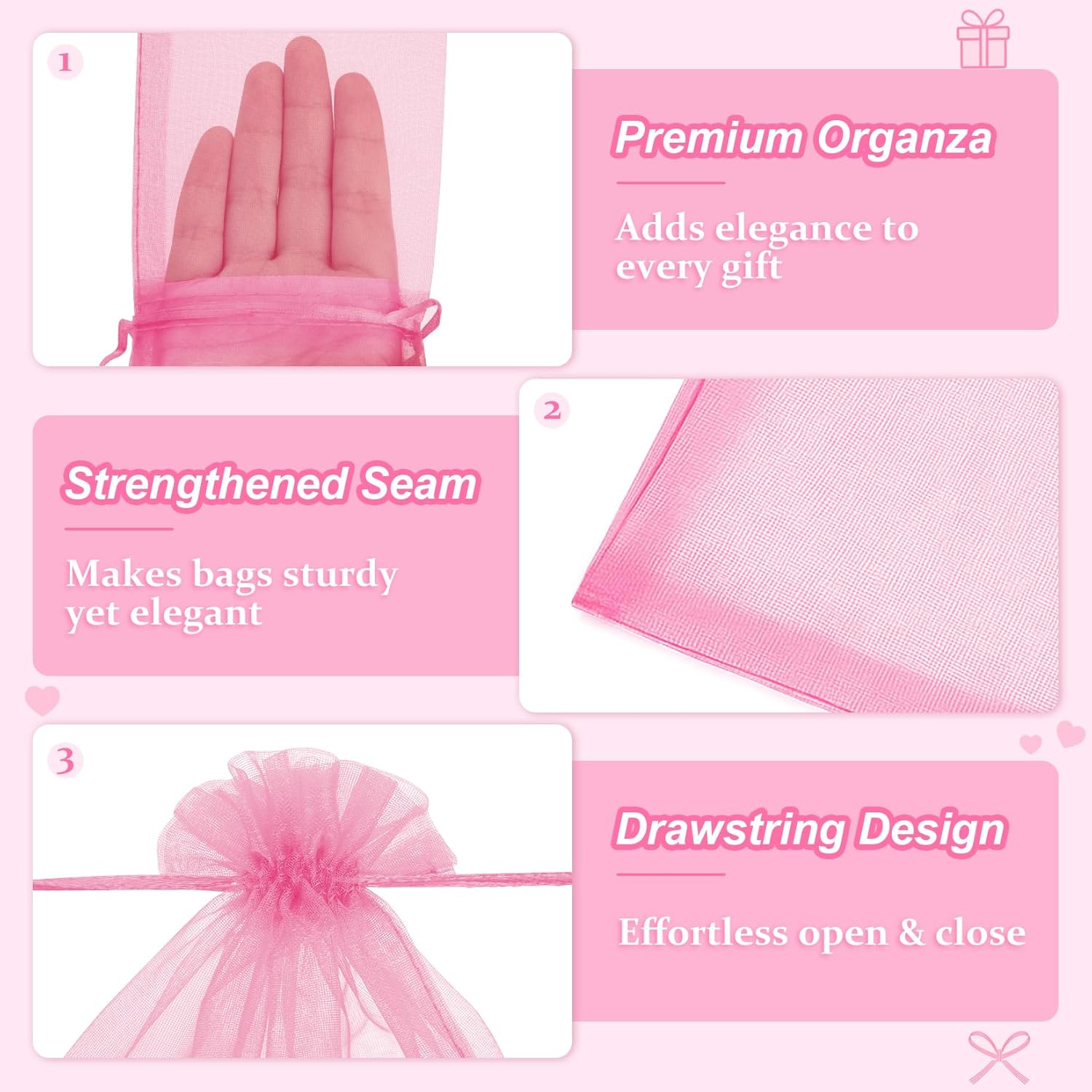 Crweety 50 Pcs Pink Organza Bags 3x4 In, Small Gift Bags Bulk for Jewelry Candy Soap Makeup Sachet, Cute Mini Mesh Goodie Bag Drawstring for Wedding Baby Shower Party Favors & Graduation Gifts