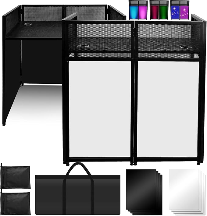 Portable DJ Booth 40" x 20", DJ Facade Table with Black/White Light Scrims, Foldable DJ Stand for Laptop and Controller,with Carry Bag, Cable Hole, Perfect for Bars, Clubs, Party, Private Events