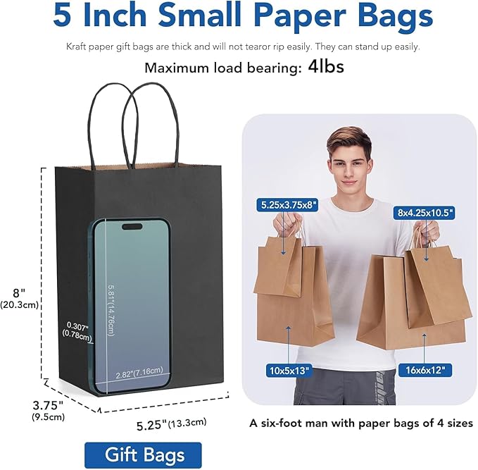 GSSUSA 200 Pack Black Paper Gift Bags 5.25x3.75x8'', Black Kraft Bags with Handles Bulk for Shopping, Craft, Grocery, Party, Retail, Lunch, Business, Wedding, Merchandise, Boutique