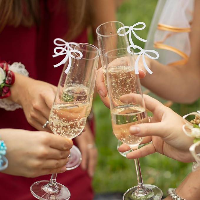 50 Pcs Bows Drink Tags Coquette Bow Wine Glass Charms Acrylic Bowknot Drink Tag for Bachelorette Birthday Wedding Coquette Tasting Party Decor Accessory(White)