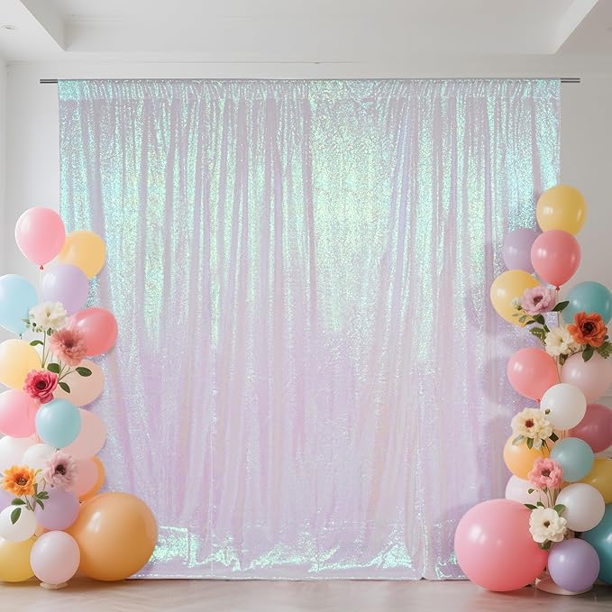 SquarePie Sequin Backdrop Curtain Not See Through Thick Glitter Background for Party 8FT x 8FT Iridescent