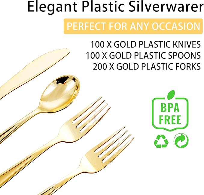NOCCUR 400PCS Gold Plastic Silverware - Gold Plastic Cutlery Include 200 Forks, 100 Spoons, 100 Knives, Disposable Silverware Perfect for Party&Daily Using
