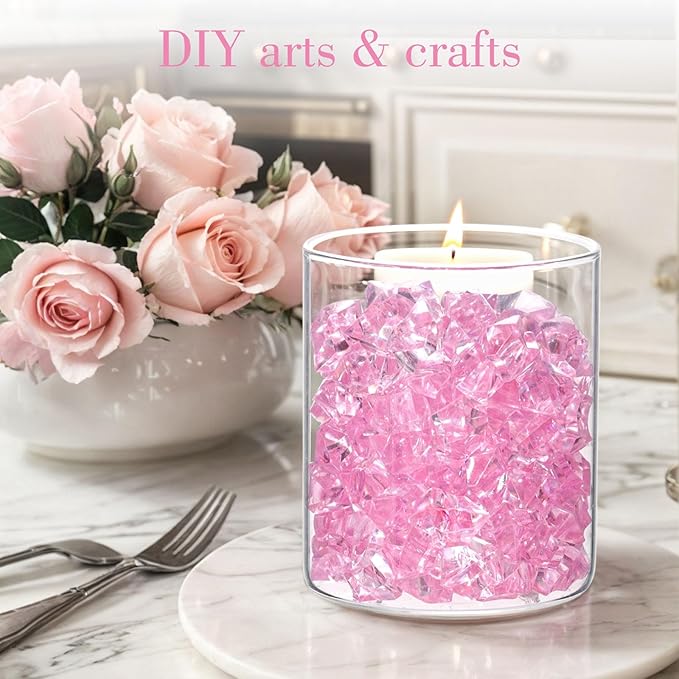 DOMESTAR Pink Fake Ice, 150PCS Acrylic Fake Diamonds, Plastic Crystals Gems, Vase Fillers DIY Craft Makeup Brush Rocks Wedding Party Table Centerpieces Scatter Decorations