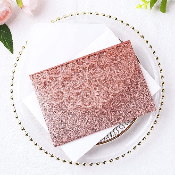 PONATIA 5.12 X 7.2 Rose Gold Glitter Wedding Invitations, 20PCS Tri-Fold Laser Cut Invitations Pockets With Envelopes For Wedding Bridal Shower Engagement Quinceanera Invitations (No Inner Sheet)