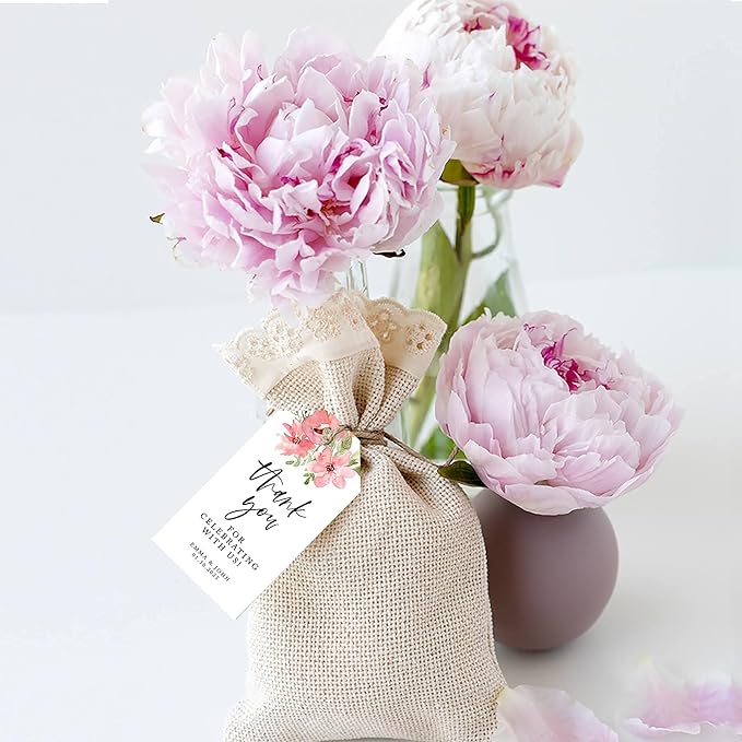 Andaz Press 100-Pack Personalized Thank You for Celebrating with Us Wedding Favor Tags with Bakers Twine Coral Watercolor Florals Custom Cardstock Wedding Gift Tags for Party Favors 2 x 3.75-Inches