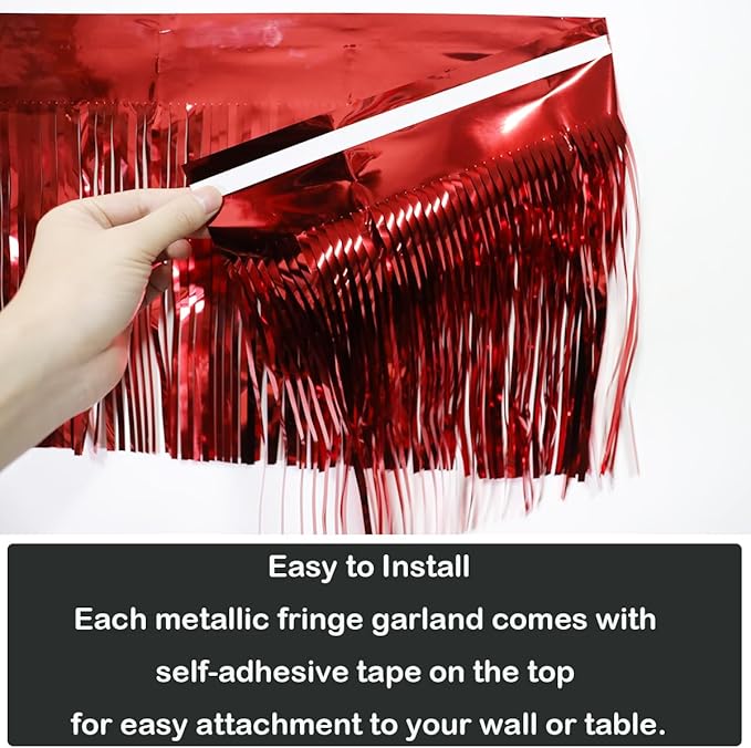 4 Pack Total 40 Feet Foil Fringe Garland Metallic Wall Hanging Drapes Tassel Skirting Tinsel Streamers Decorations for Parade Float Trailer Mardi Gras Party Birthday Wedding (Red)