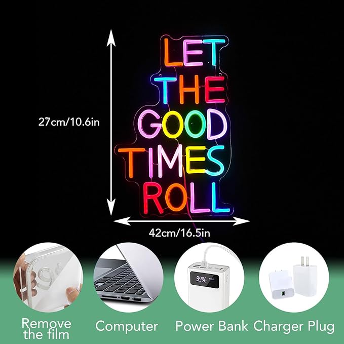 Let The Good Times Roll Neon Sign Good Times Sign Neon Light for Wedding Decor Colorful Words Led Light Sign for Bedroom Bar Party Wall Decor Dimmable 16.5 * 10.6 In Neon Sign