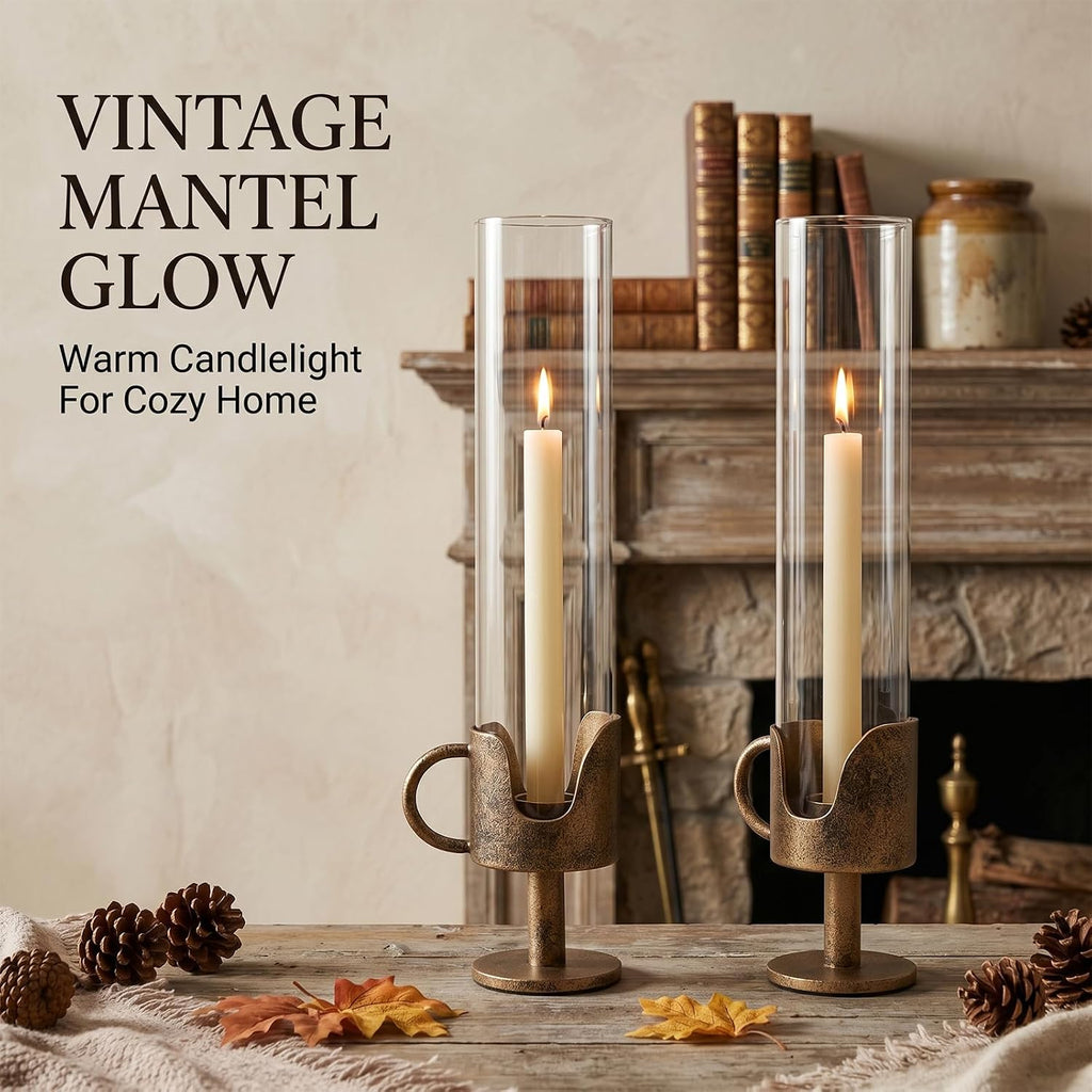 Antique Brass Hurricane Candle Holders with Clear Glass Tube, Set of 2 Vintage Taper Candlestick Holders for Dining Table Centerpiece & Fireplace Mantle Decor, 13.2" Tall