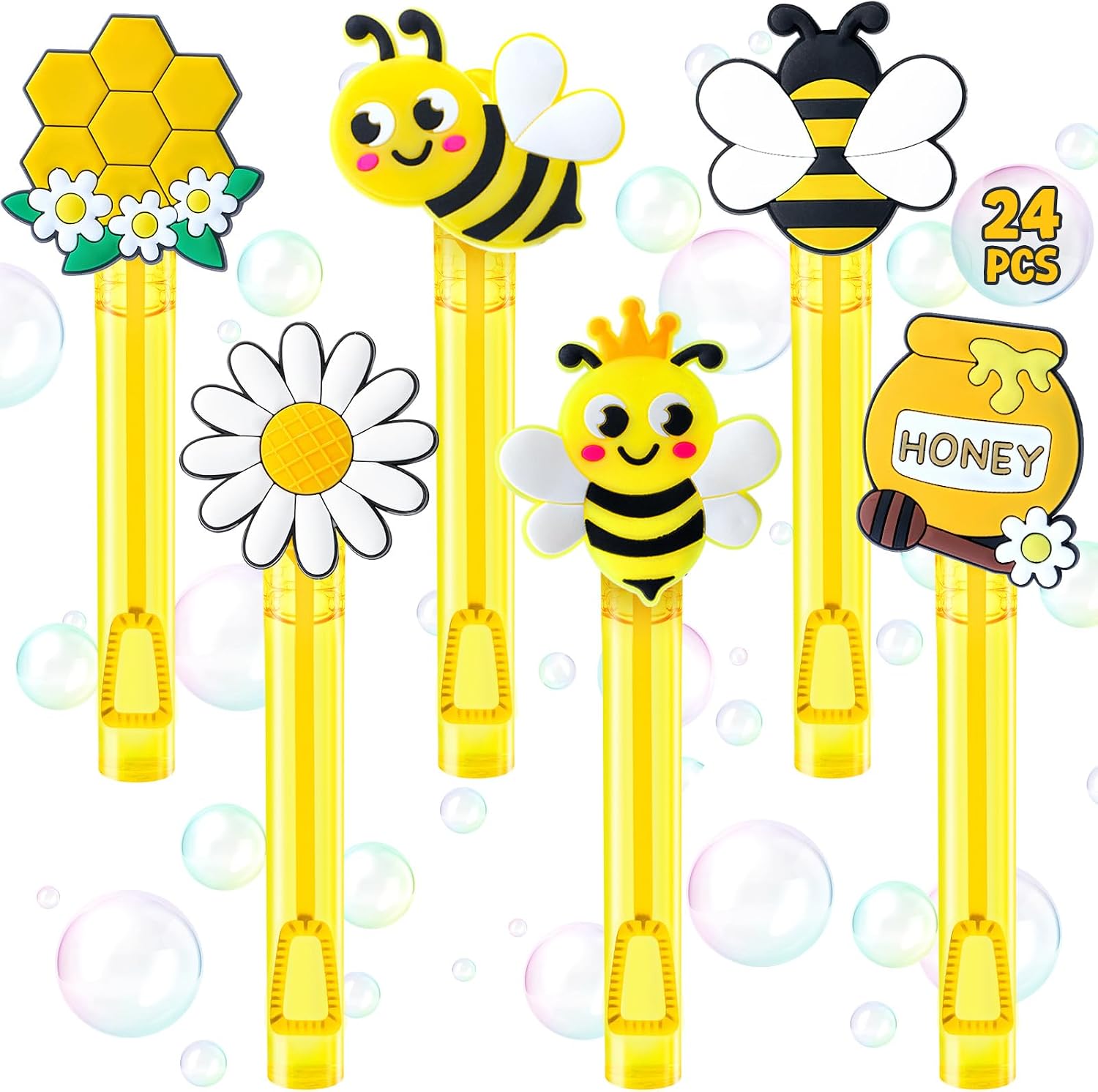 Winrayk Bee Party Favors, 24Pcs Bee Themed Mini Bubble Wands for Kids Bubbles Bulk with Detachable Topper (6 Styles & Colors), Birthday Gift Easter Goody Bag Stuffer Classroom Prizes Honey Party Favor