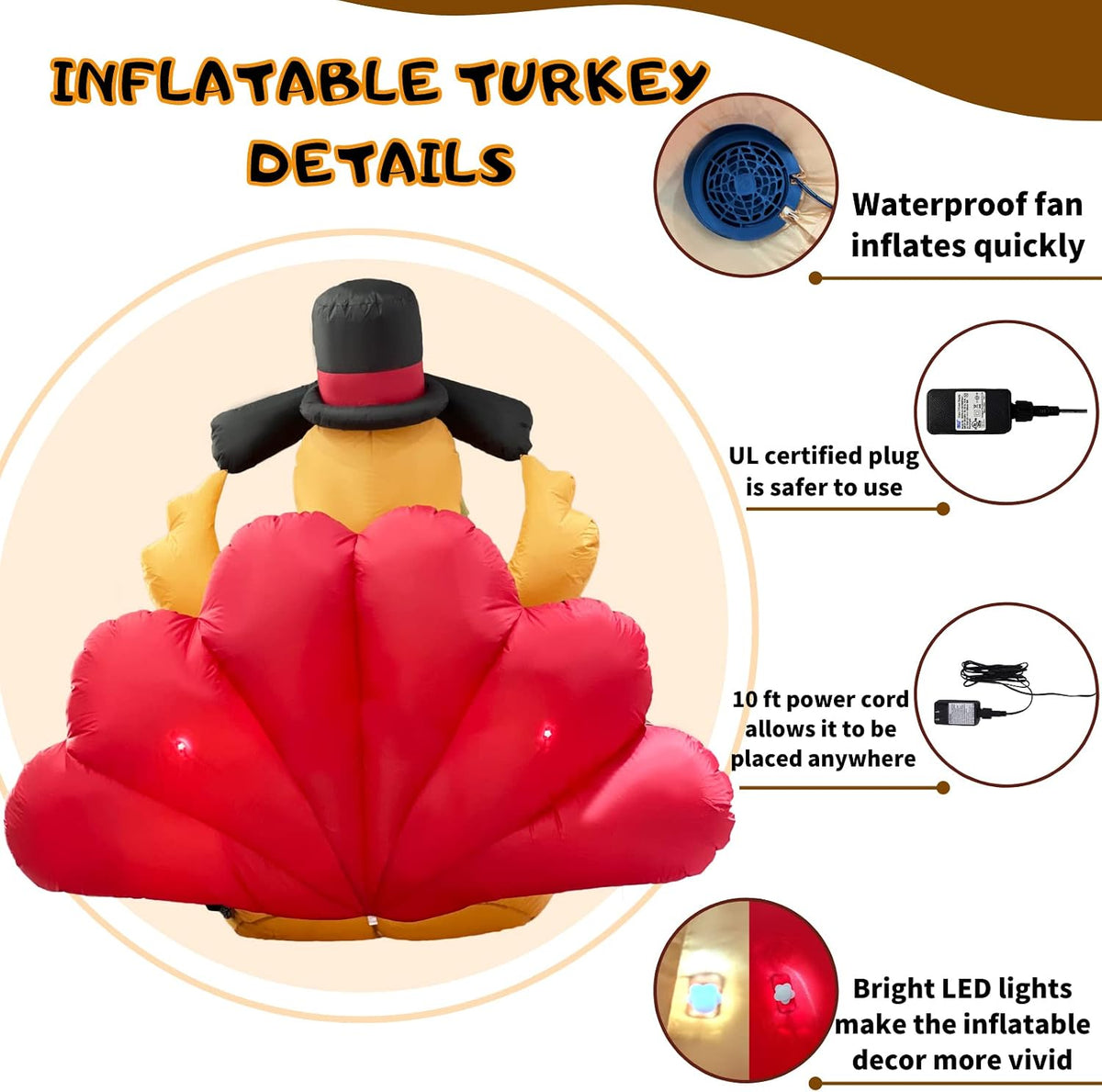 thanksgiving inflatable turkey lawn decoration 6ft giant blow, close-up detail
