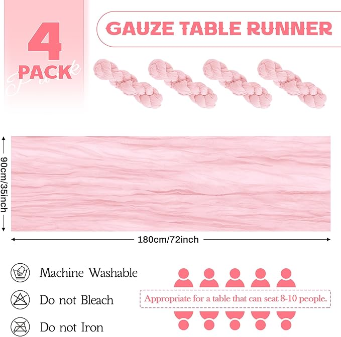 Aktor 4 Pack Pink Table Runner Boho Cheesecloth Table Runner Semi Sheer Gauze Fabric Runners for Wedding Birthday Baby Shower Party Boho Table Decoration（Pink）