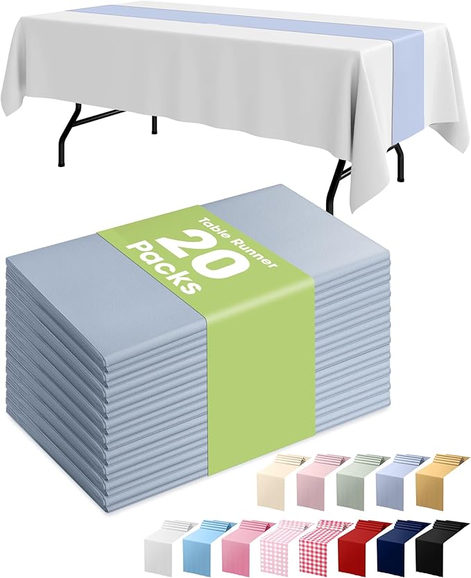 Pureegg Dusty Blue Plastic Table Runners - 20 Pack, 14'' x 108'', Water Resistant & Disposable Centerpiece Decorations for Table Cloth, Wedding, Birthday, Holiday, Baby Shower, Party, Home Decor