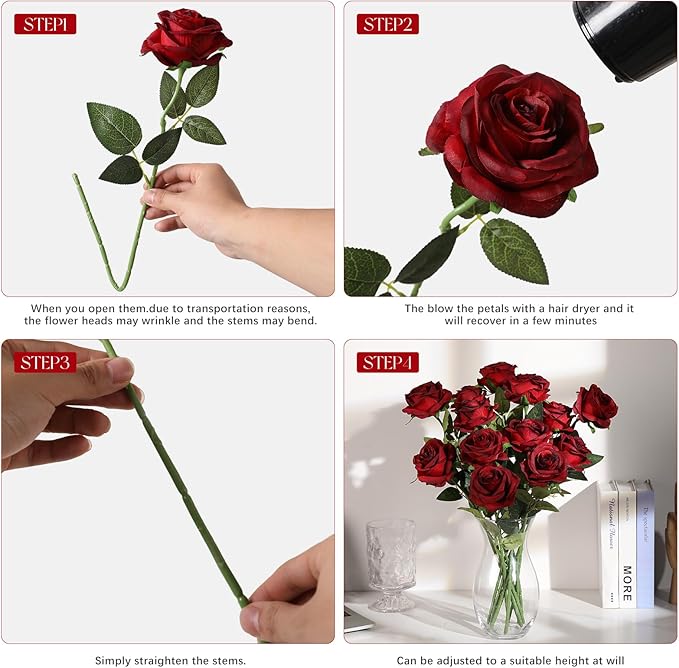 Tifuly 12pcs Red Roses Artificial Flowers,Realistic Long Stem Fake Silk Roses Bouquet for Party Home Wedding Centerpiece Office DIY Decor（Burgundy）