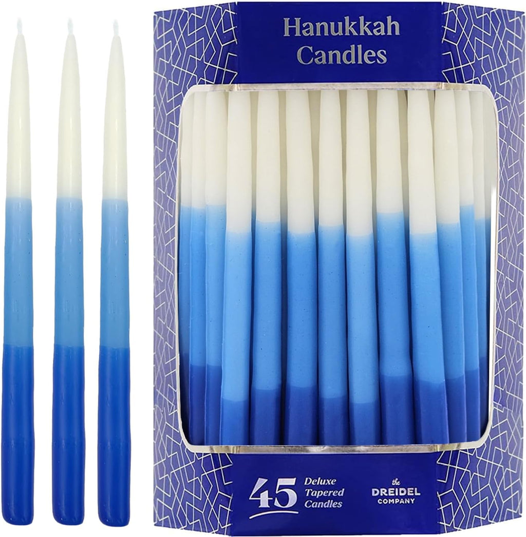The Dreidel Company Premium 1-Hour Burn Time Tapered Hanukkah Menorah Candles Tri Color,Blue, and White, Candles for All 8 Nights of Chanukah
