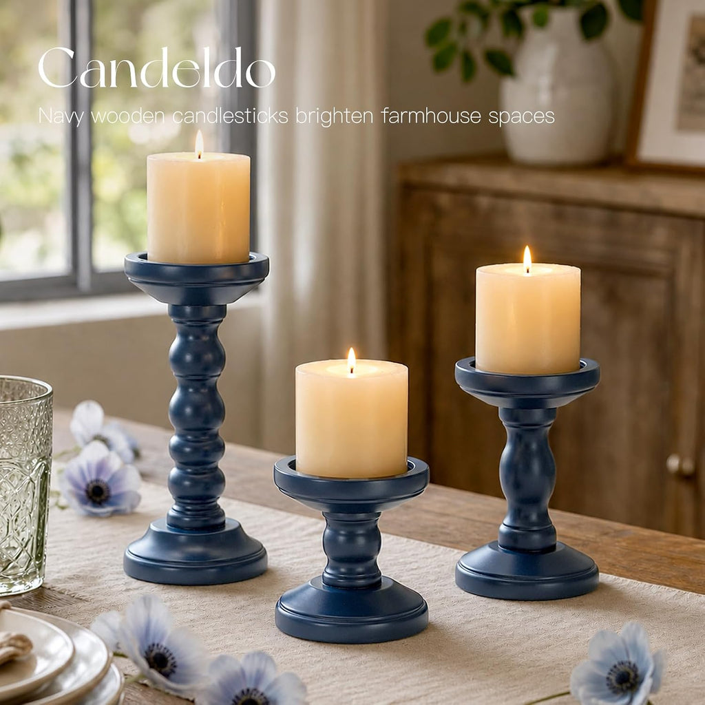 Candeldo Wood Candle Holder for Pillar, Navy Blue Coastal Decoration | Set of 3, Table Centerpiece, Tall Shabby Chic Decor, Wooden Rustic Kitchen Decor for Fireplace Mantle