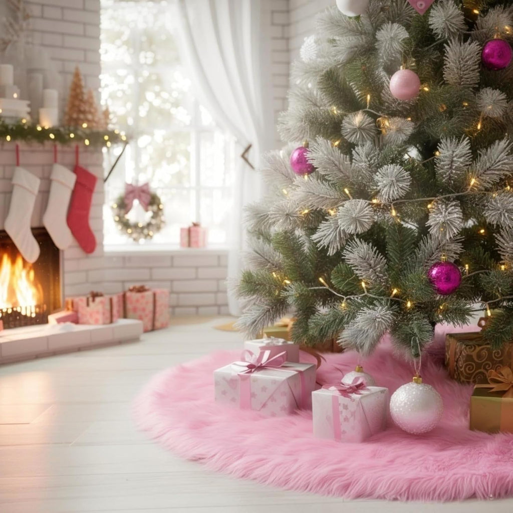 CHICHIC 48 inch Christmas Tree Skirt Faux Fur Xmas Tree Skirt Christmas Decorations Holiday Tree Ornaments Tree Decoration for Christmas Home Decorations, Xmas Party Holiday Decorations, Pink