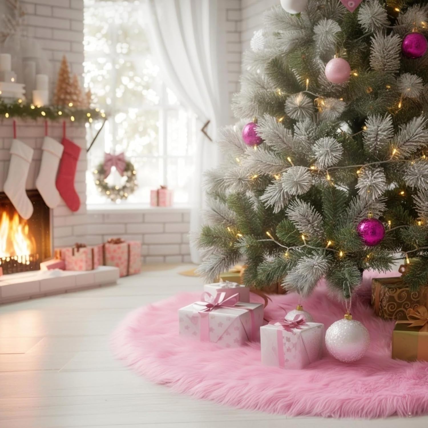 CHICHIC 48 inch Christmas Tree Skirt Faux Fur Xmas Tree Skirt Christmas Decorations Holiday Tree Ornaments Tree Decoration for Christmas Home Decorations, Xmas Party Holiday Decorations, Pink