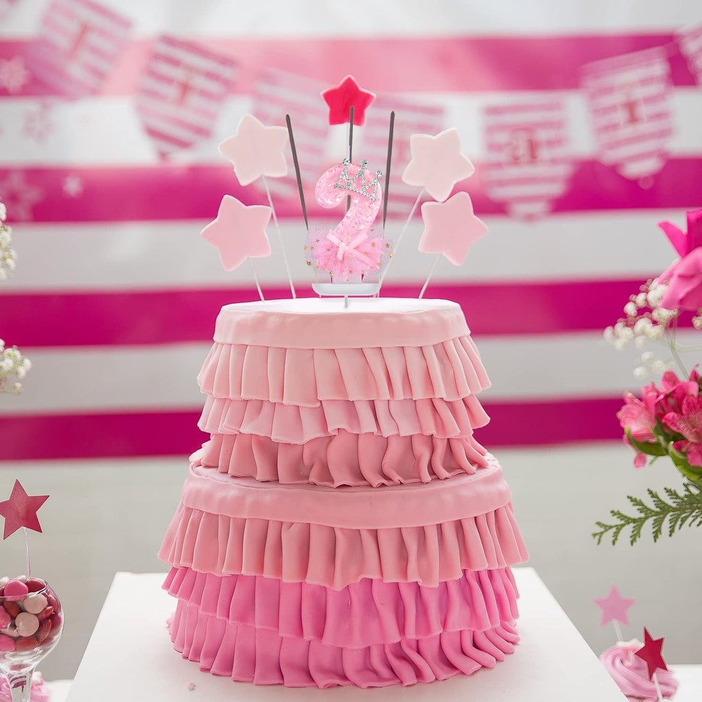 Birthday Number Candles, 2.95 Inch Crown Bow Mesh Candle Glitter Pink Number Candles Cake Topper Birthday Candles with Sequins for Anniversary Celebrations Supplies (Number 2)