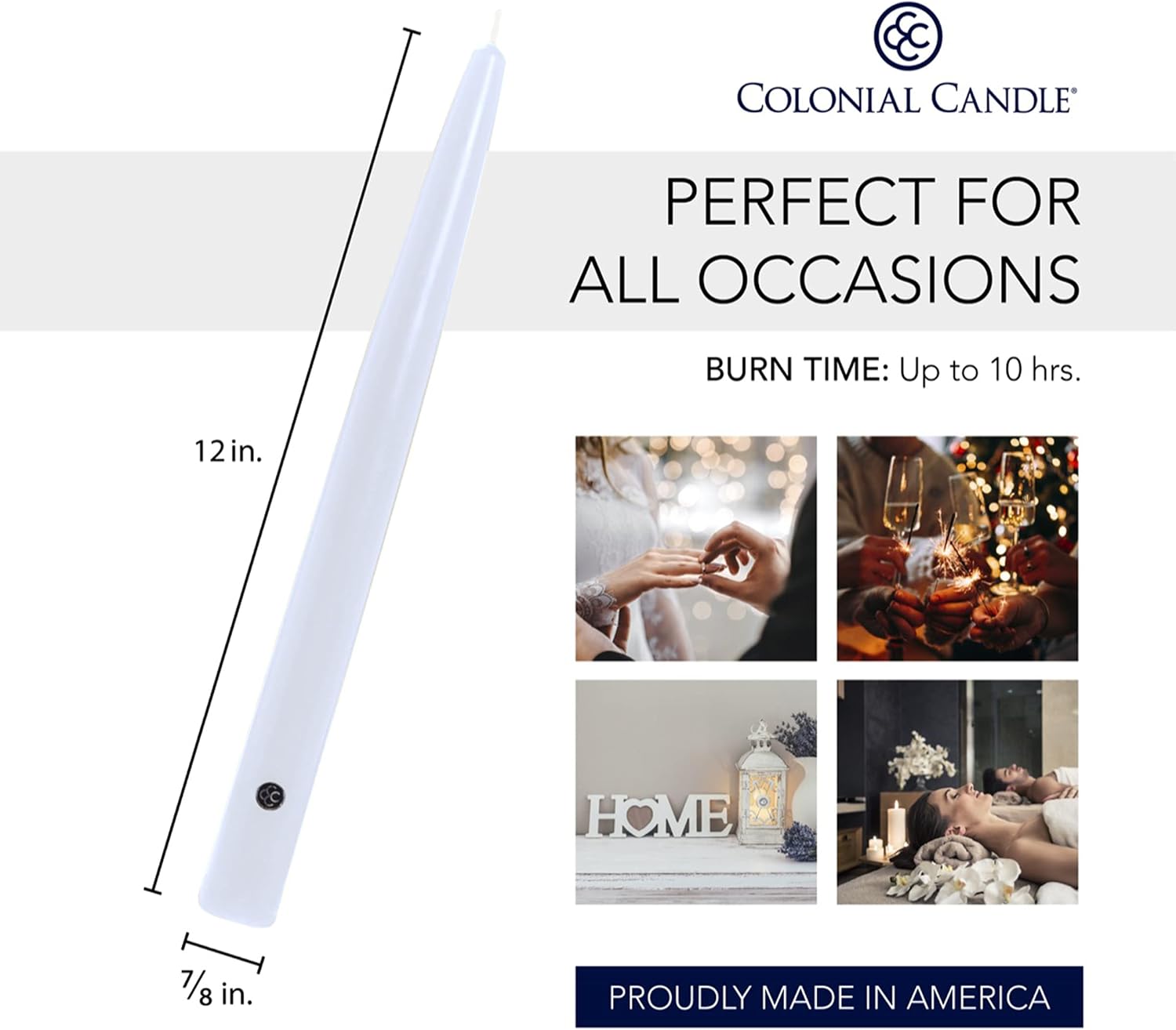 Colonial Candle Unscented Taper Candle, Handipt Collection, White, 12 In, Pack of 12 - Up to 10 Hours Burn