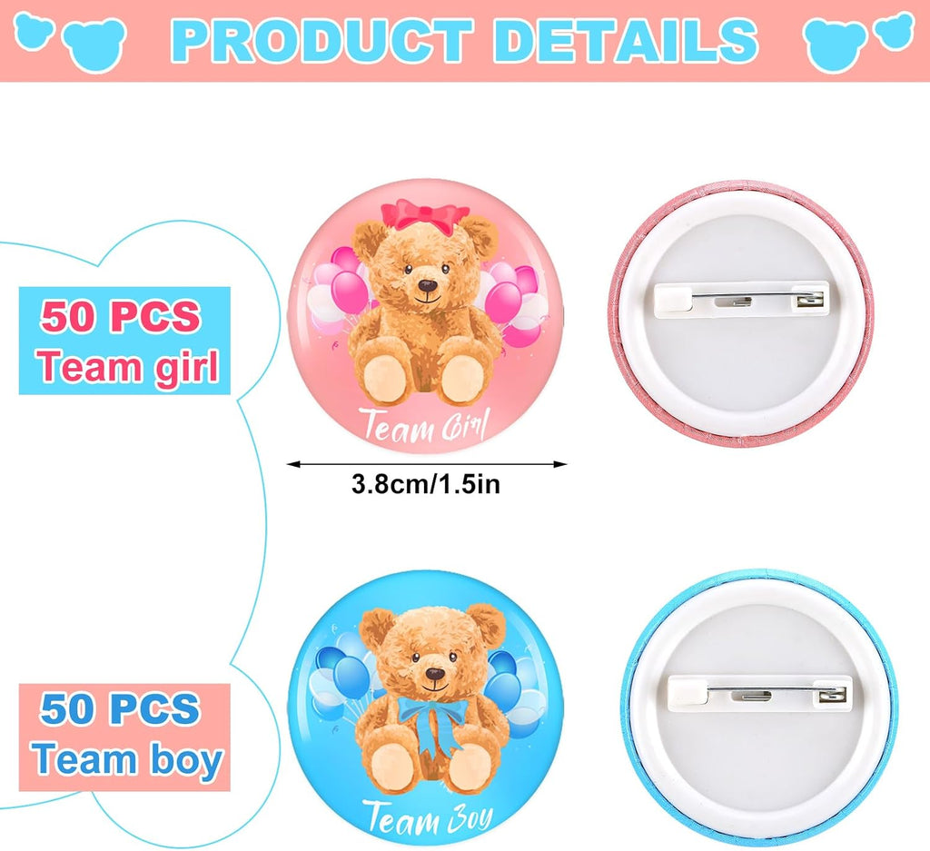 Dingion 100 Pcs Gender Reveal Decoration Pins Team Pink Blue 1.5 Inch Gender Reveal Party Favor Baby Button Pins Baby Shower Badges Bear Party Supplies Gift for Birthday Game Accessories