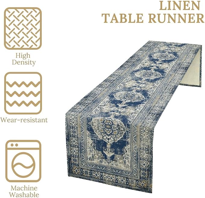 Vintage Boho Floral Table Runner, Rustic Country Farmhouse Blue Teal Retro Flower Pattern for Home Kitchen Table Decor Dining Coffee Room Party Decor 13x108in