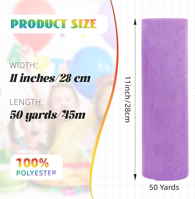 Crystal Organza Fabric Tulle 11 Inch by 50 Yards Sheer Tulle Rolls for DIY Craft Wedding Party Baby Shower Decor Gift Wrapping Party Supplies (Purple)
