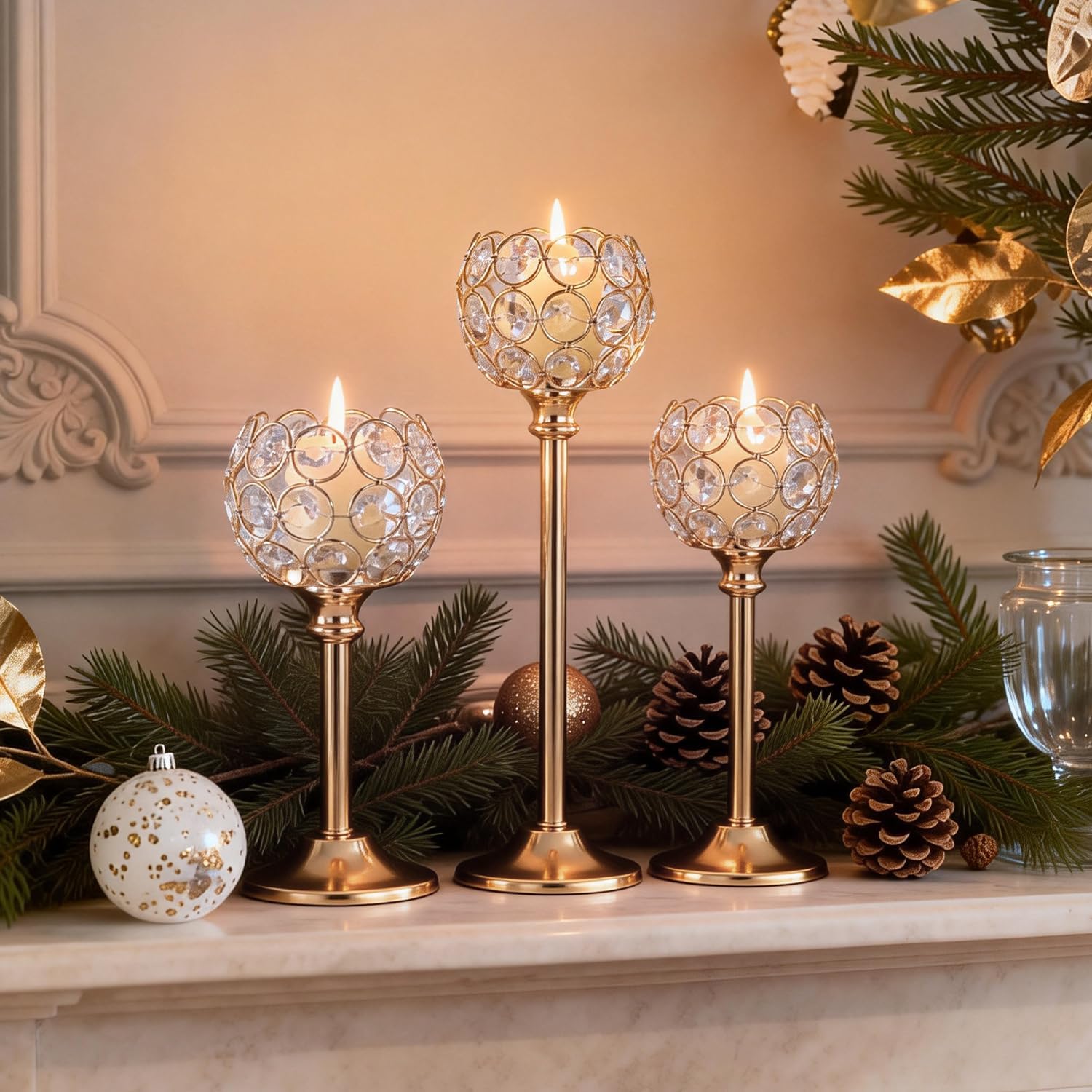 Gold Crystal Candle Holders Candlestick Holders - 4 Sets Tall Bling Bowl Candelabra Centerpieces for Dining Table, Wedding, Party & Fireplace Mantel Decor,12Pcs
