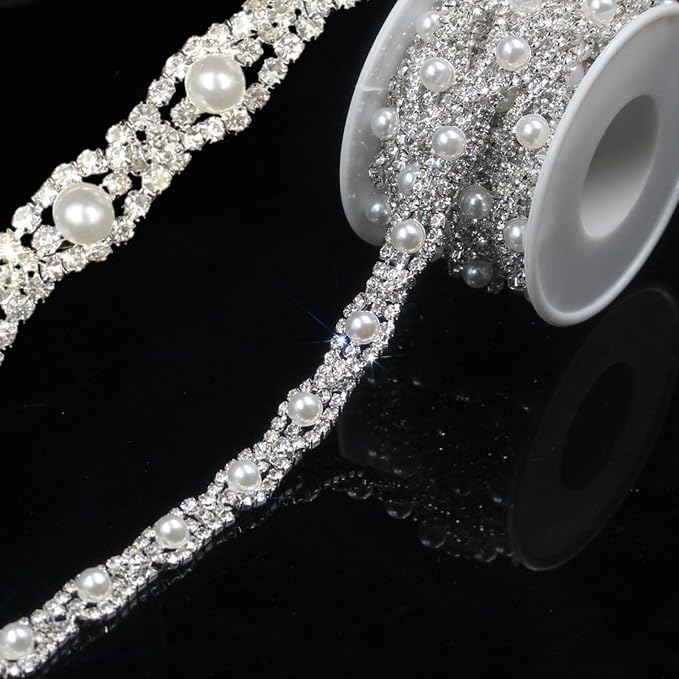 PEARLY JUN 2 Yards Pearl Rhinestone Trim Chain Silver Crystal Fringe Diamond Applique Ribbon String Tassel Strip for Sewing Wedding Dress Crafting Crafts Flower Embellishments