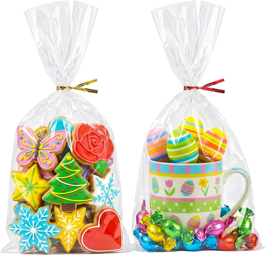 Morepack Cello Cellophane Treat Bags,200 Pieces 7x13 Inches Clear Plastic Gift Bags with Twist Ties,Party Favor Bags (Flat, No Gusset, Bottom)