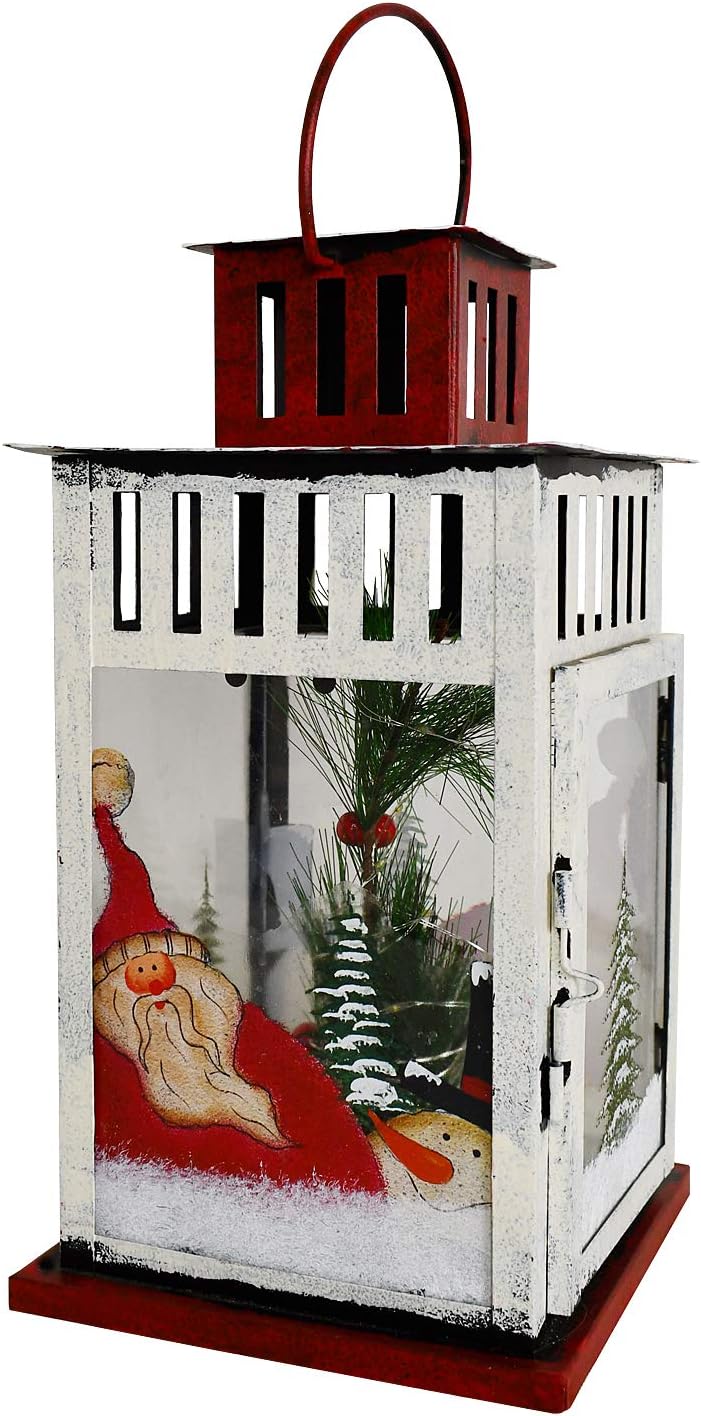 E-view Metal Christmas Lanterns with Led Lights - Snowman Decorative Hanging Lantern Indoor Outdoor Mini Xmas Home Decoration Iron Tabletop Centerpieces, Battery Operated (Not Included) (Santa B)