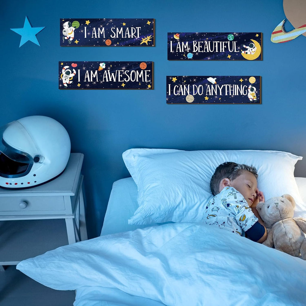 Yookeer 4 Pcs Space Room Decor for Kids Boys Outer Space Wall Art Bedroom Decor for Nursery Classroom Astronaut Galaxy Posters Spaceman Wood Sign Be Brave and Be Kind for Baby Boy(I)