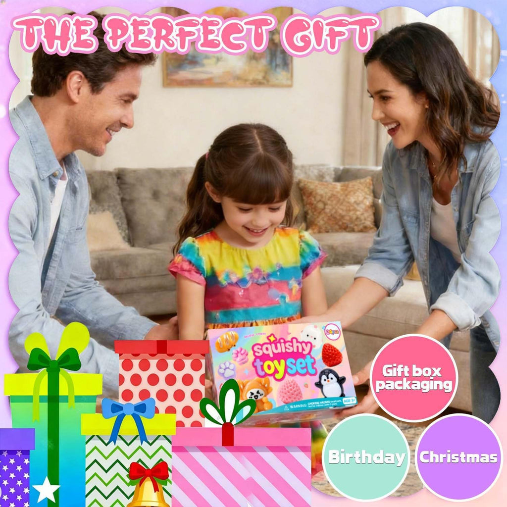 ZiZa 24Pcs Squishy Fun Box Toys Kit Set- Mini Taba Cheap Squishies Fidget Squeezee Toys Pack, Includ Animals, Strawberry, Cat Paw, Penguin, Hamster, Birthday Xmas Gift for Girls Kids