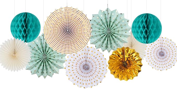 Teal-Gold Sage Green Party-Decoration - 33pcs Kits Tissue Pom Poms Honeycomb,Banner,Streamers Tassel Garland,Paper Lantern Fans,Wedding Engagement Bachelorette Birthday Baby Bridal Shower Decor Hugtmr